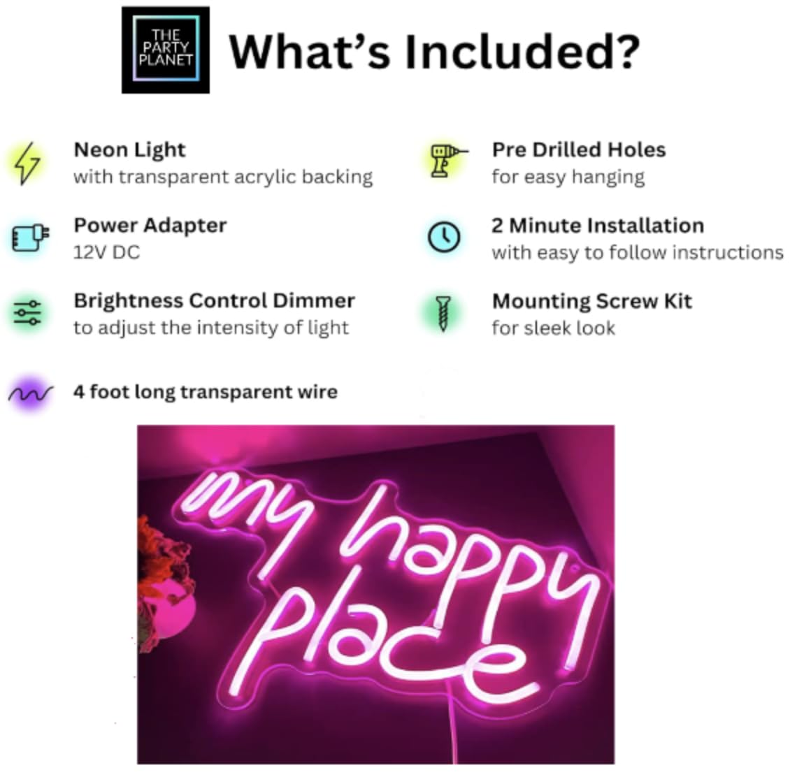 THE PARTY PLANET My Happy Place Neon Sign LED Light Up Pink Neon